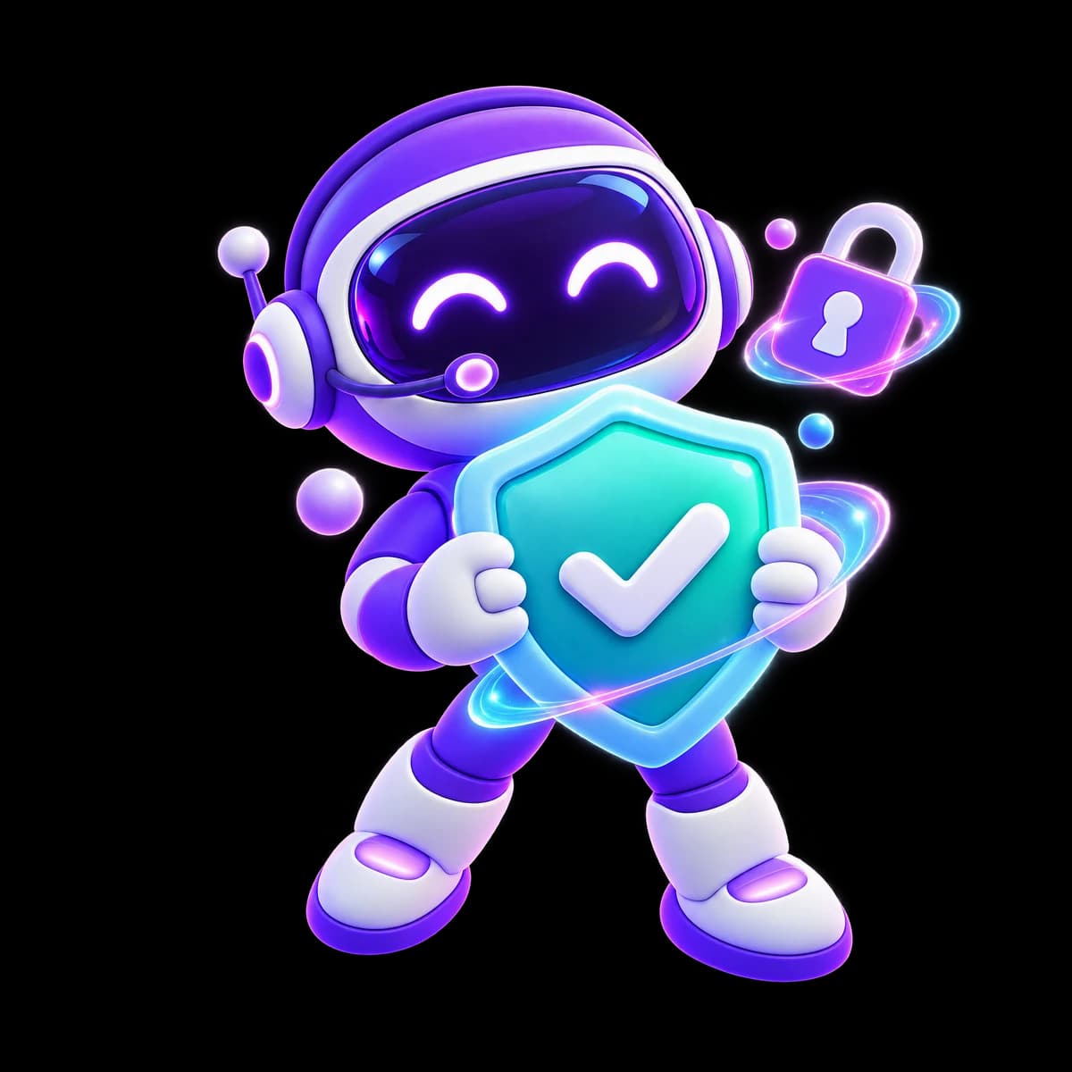 Billy holding up a shield with a checkmark, with a padlock floating beside him