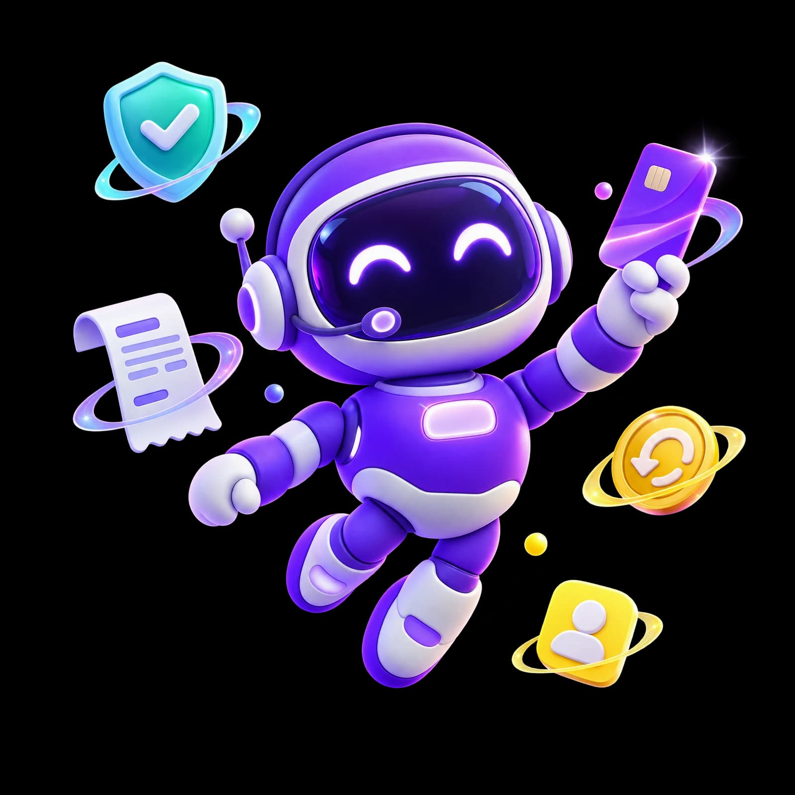 Billy, the Agent Billy robot, holding up a key card surrounded by a shield, a receipt, a refund coin and a role badge